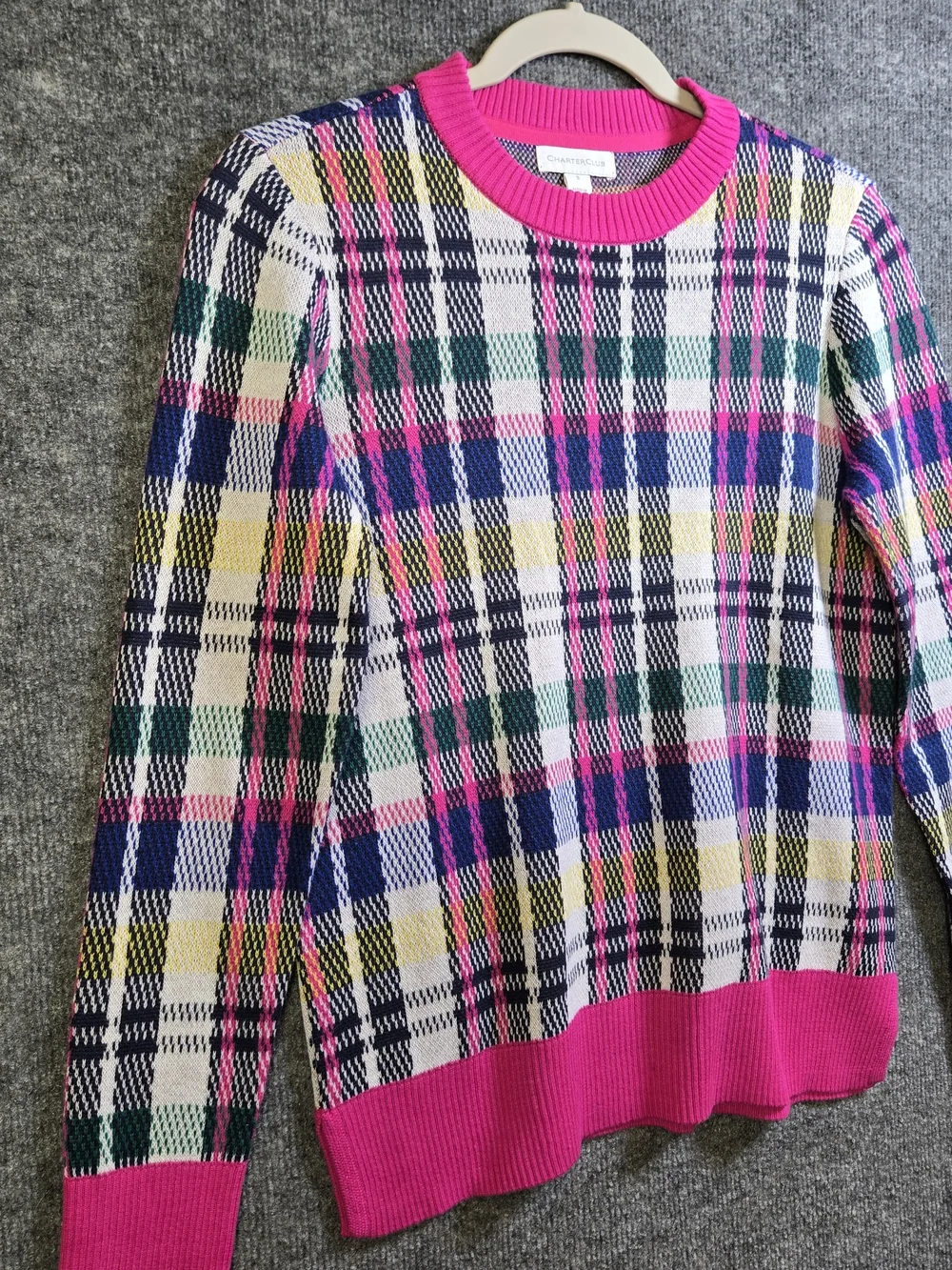 Charter Club Sweater Womens S Pink Black Plaid Whimsy Crew Neck Preppy New